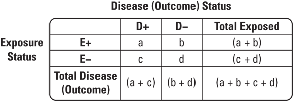 A 2x2 contingency table displaying four cells labeled ‘a’, ‘b’, ‘c’, and ‘d’ to represent the counts of individuals with and without a disease (D+ or D−) and with or without exposure (E+ or E−). The table includes marginal totals for each row and column, indicating the total number of exposed, not exposed, disease present, and disease absent, along with the grand total.