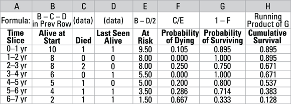Screenshot of a spreadsheet used for survival analysis. It features columns for time intervals, number of patients alive at the start, number of deaths, last seen alive, at risk, probability of dying, probability of surviving, and cumulative survival. The time intervals range from “0-1 yr” to “6+ yr.” This type of data is crucial for statistical analysis in studies that track survival rates over time.