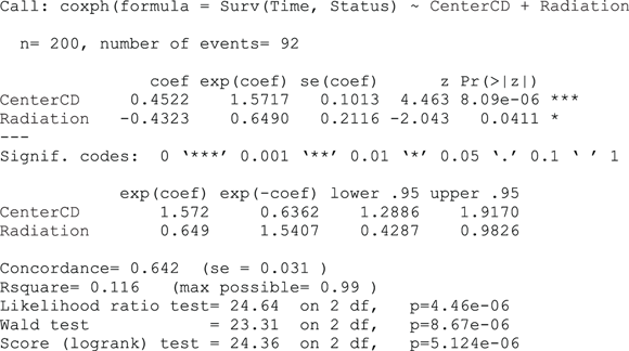 The image appears to be a statistical output from a Cox proportional hazards regression model, commonly used in survival analysis. The model explores the effect of various factors on the time until an event occurs. The output includes coefficients for variables like CenterCD and Radiation, their hazard ratios, and significance levels. It also presents concordance statistics and results from likelihood ratio, Wald, and Score tests, which are essential for evaluating the model’s fit and the significance of the predictors.