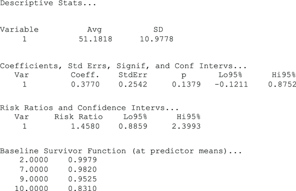 A statistical analysis output from a Cox proportional hazards regression model, commonly used in survival analysis. The model explores the effect of various factors on the time until an event occurs. The output includes coefficients for variables like CenterCD and Radiation, their hazard ratios, and significance levels. It also presents concordance statistics and results from likelihood ratio, Wald, and Score tests, which are essential for evaluating the model’s fit and the significance of the predictors.
